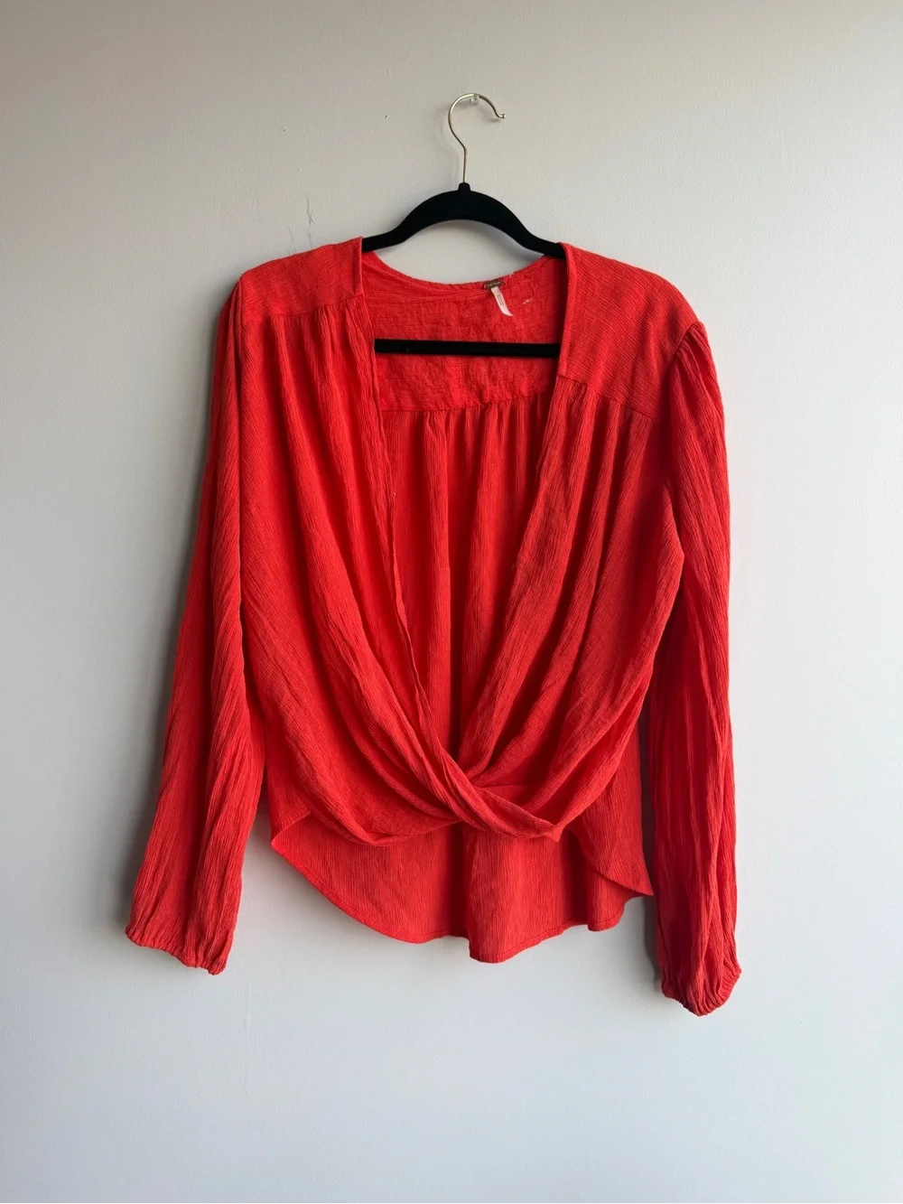 Free People Orange Red Pleated Wrap Long Sleeve Blouse